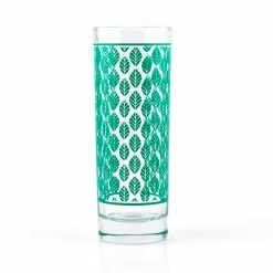 Outlet ⌛ BarMan BarConic® Collins Glass - Dark Green Retro Leaves Pattern - 9.5 Ounce 👍