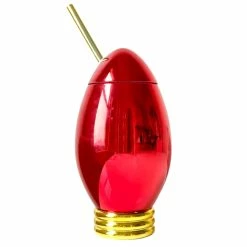 Best Sale 🌟 BarMan Red 🎁 Christmas Light Bulb Novelty Cup W/Lid & Straw - 24 Oz. ❤️