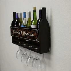 Best deal 🎁 BarMan Wall Mounted Wine Bottle & Glass Hanging Shelf W/ Uncork & Unwind Plaque 🔔 -BarMan - shop customizable wall wine glass hanging shelf bottles glasses side corks 700x700