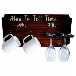 Best Sale ⌛ BarMan "How To Tell Time" Coffee Mug And Wine Glass Holder - Wood Board Background (Hardware Included) 👏